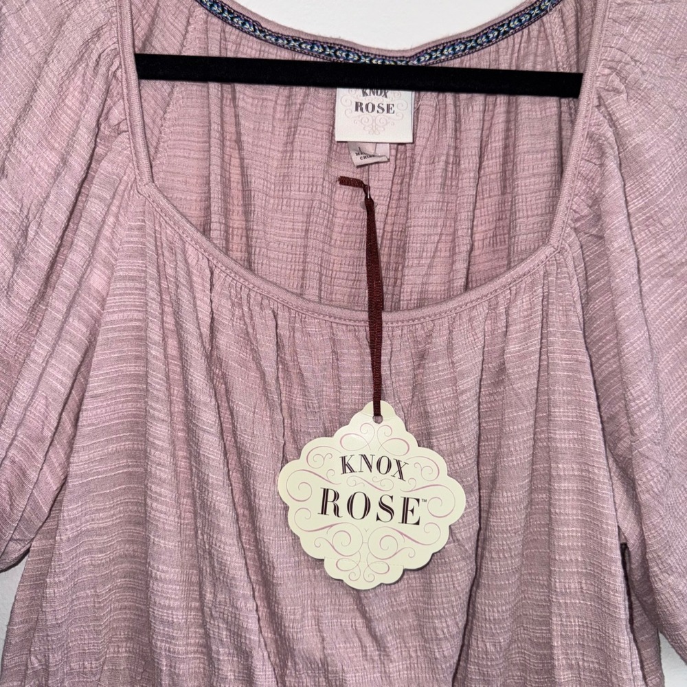 Knox Rose Mauve Textured Smocked Peplum Blouse Square Neck Balloon Sleeve Large - Picture 4 of 6